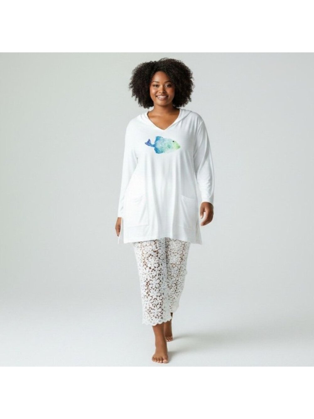 ICantoo Womens White Hooded Cotton Pullover Top W Fish Graphic 2XL Long Sleeve